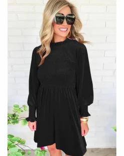 Smock Dresses*Azura Exchange Frilled Neck Smocked Bodice Velvet Dress Black