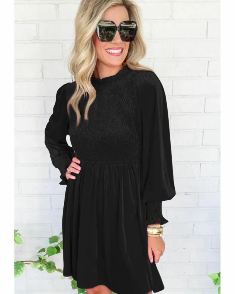 Smock Dresses*Azura Exchange Frilled Neck Smocked Bodice Velvet Dress Black