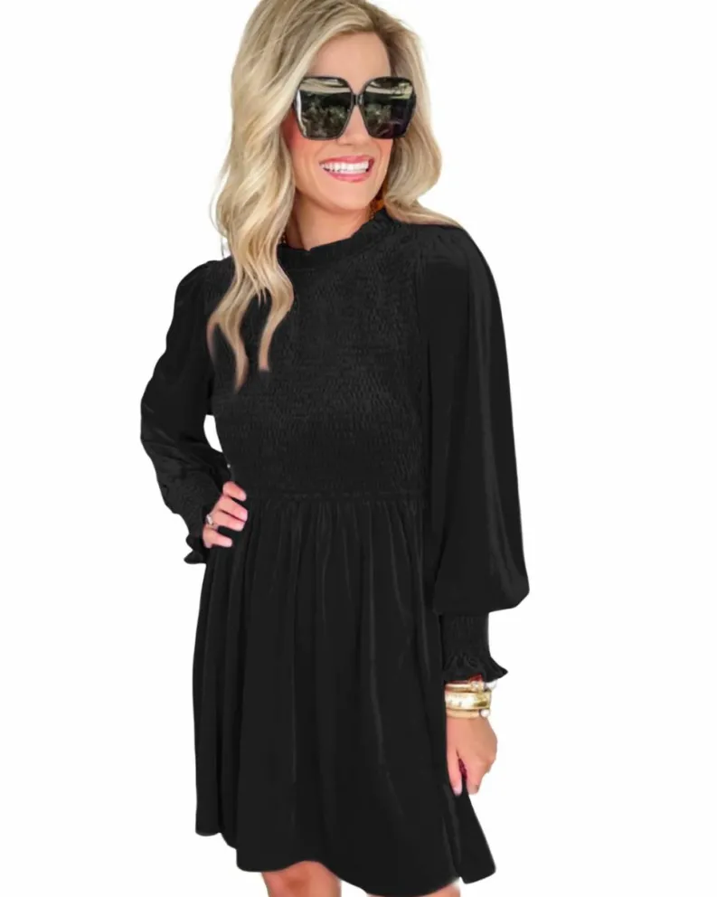 Smock Dresses*Azura Exchange Frilled Neck Smocked Bodice Velvet Dress Black