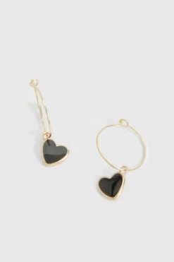 Earrings*boohoo Black Heart Drop Earrings gold