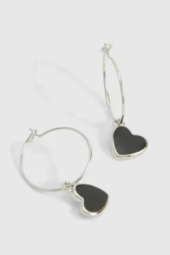 Earrings*boohoo Black Heart Drop Earrings silver