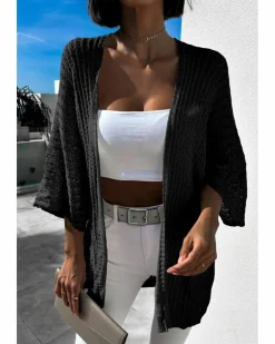 Cardigans*Azura Exchange Hollow-out Knit Kimono Lightweight Cardigan Black