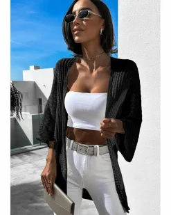 Cardigans*Azura Exchange Hollow-out Knit Kimono Lightweight Cardigan Black