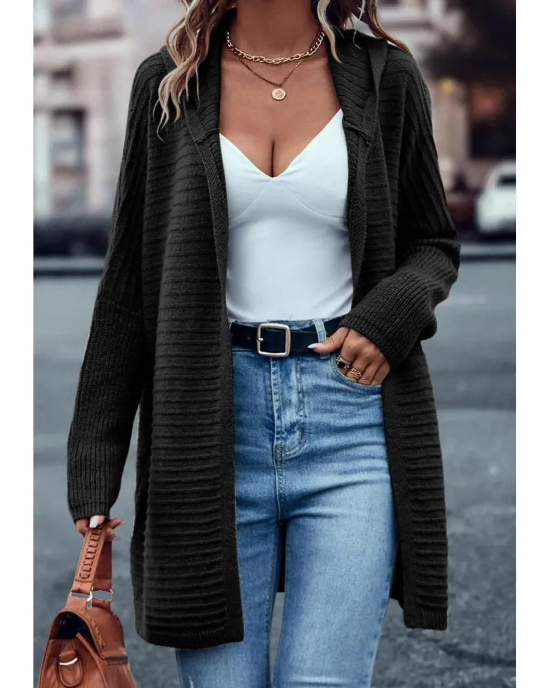 Cardigans*Azura Exchange Horizontal Rib Knitted Open Front Hooded Cardigan Black