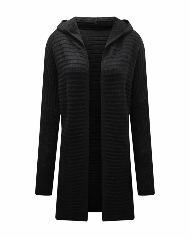 Cardigans*Azura Exchange Horizontal Rib Knitted Open Front Hooded Cardigan Black