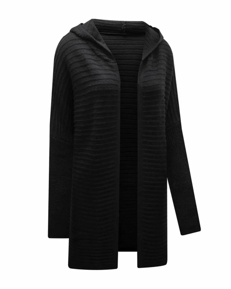 Cardigans*Azura Exchange Horizontal Rib Knitted Open Front Hooded Cardigan Black