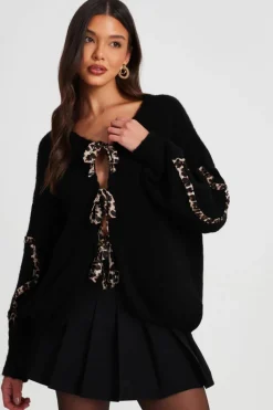 Cardigans*Quiz Knit Leopard Trim Cardigan Black