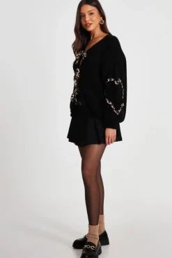 Cardigans*Quiz Knit Leopard Trim Cardigan Black