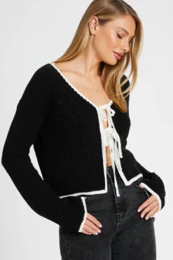 Cardigans*Quiz Knit Tie Front Cardigan Black