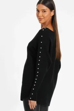 Jumpers*Quiz Knitted Beaded Batwing Jumper Black