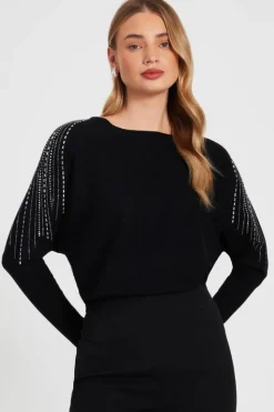 Jumpers*Quiz Knitted Diamante Jumper Black