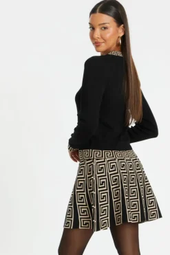 Jumpers*Quiz Knitted Geometric Trim Jumper Black