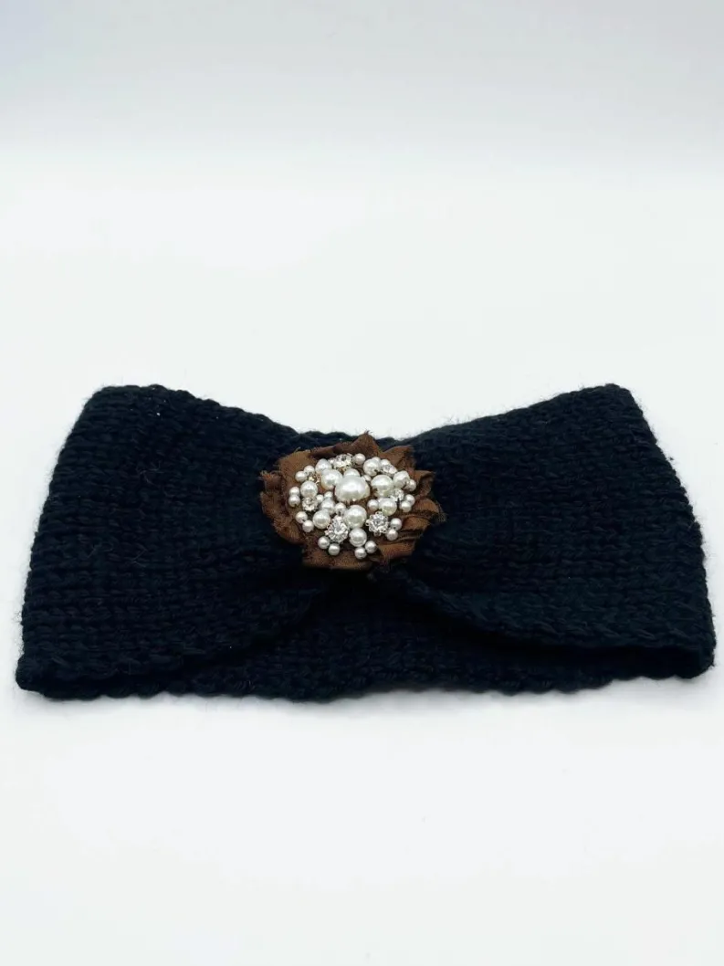 Hair Accessories*SVNX Knitted Headband With Pearl and Gem Flower Black