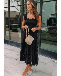 Smock Dresses|Midi Dresses*Azura Exchange Lace Smocked Bodice Sleeveless Midi Dress Black