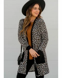 Cardigans*Azura Exchange Leopard Patched Pocket Open Front Cardigan Black