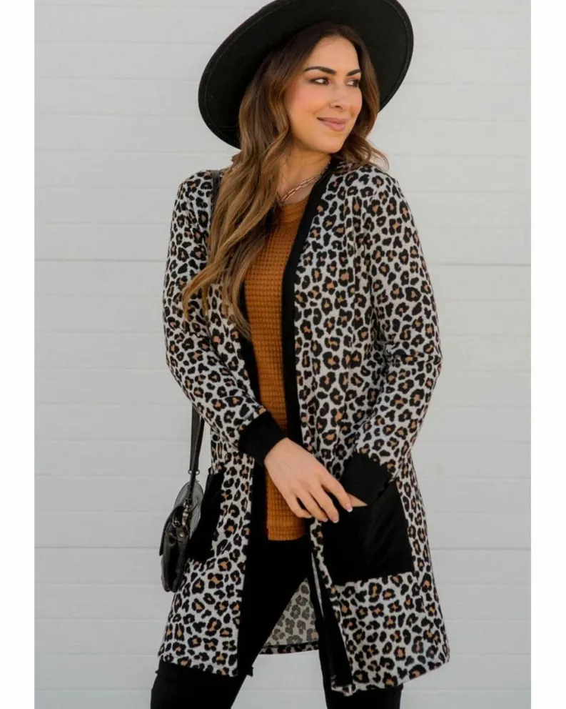 Cardigans*Azura Exchange Leopard Patched Pocket Open Front Cardigan Black