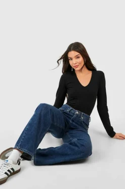 Long Sleeve Tops*boohoo Long Sleeve V Neck Cotton Blend Bodysuit black