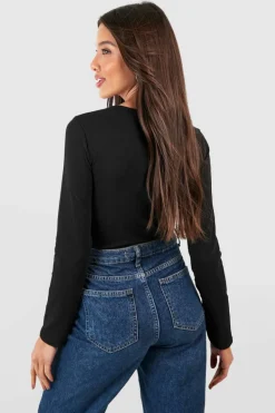 Long Sleeve Tops*boohoo Long Sleeve V Neck Cotton Blend Bodysuit black
