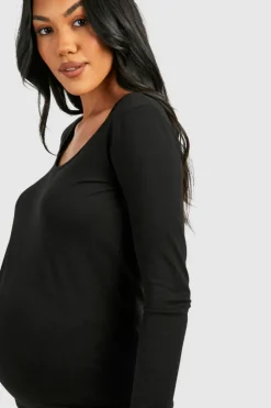 Long Sleeve Tops|Tops*boohoo Maternity Basic Long Sleeve Scoop Neck Top black