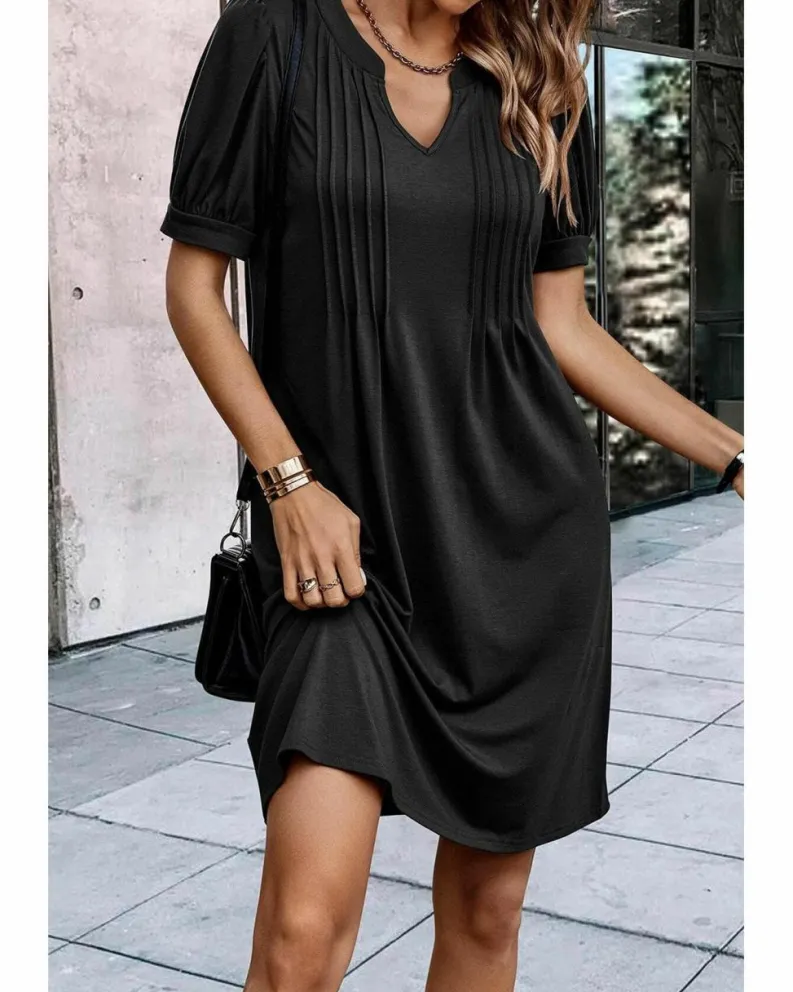 Shirt Dresses|T-Shirt Dresses*Azura Exchange Notched Neck Pleated Puff Sleeve Shift T-shirt Dress Black