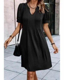 Shirt Dresses|T-Shirt Dresses*Azura Exchange Notched Neck Pleated Puff Sleeve Shift T-shirt Dress Black