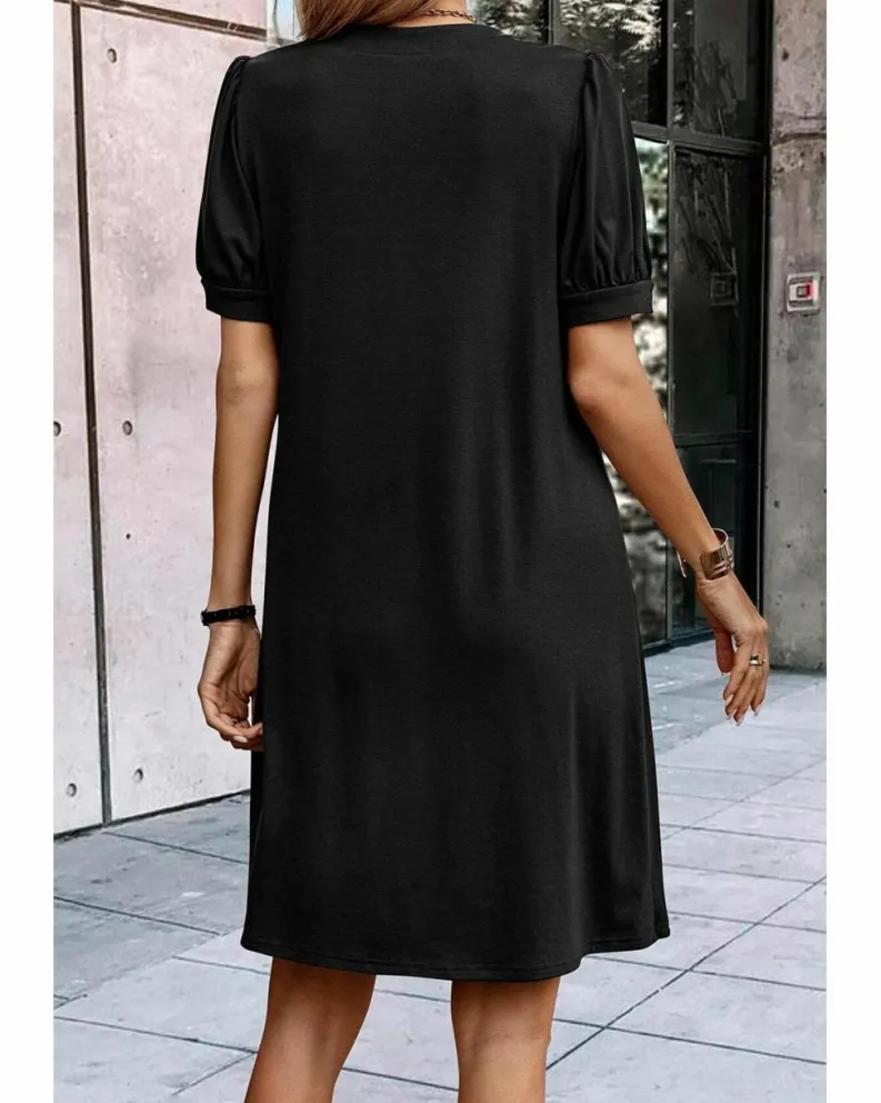 Shirt Dresses|T-Shirt Dresses*Azura Exchange Notched Neck Pleated Puff Sleeve Shift T-shirt Dress Black