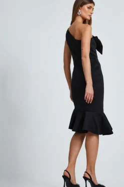 Midi Dresses*Quiz One Shoulder Bow Midi Dress Black