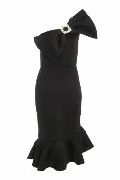 Midi Dresses*Quiz One Shoulder Bow Midi Dress Black