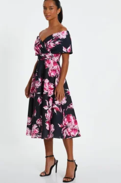 Midi Dresses*Quiz Petite Floral Bardot Skater Midi Dress Black