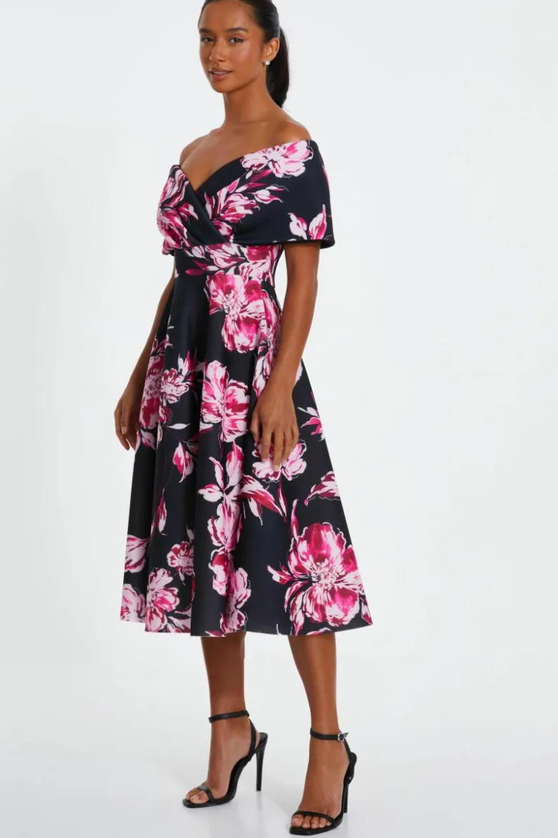Midi Dresses*Quiz Petite Floral Bardot Skater Midi Dress Black