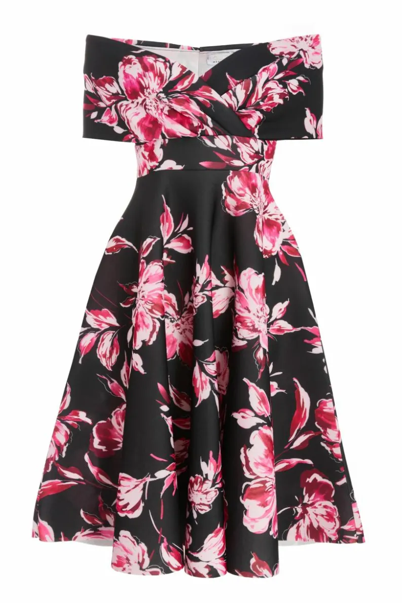 Midi Dresses*Quiz Petite Floral Bardot Skater Midi Dress Black