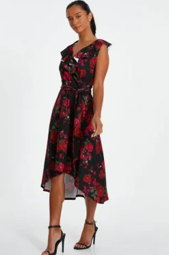 Midi Dresses*Quiz Petite Floral Dip Hem Midi Dress Black