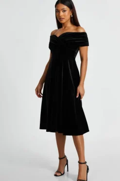 Midi Dresses*Quiz Petite Velvet Bardot Midi Dress Black