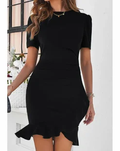Wrap Dresses*Azura Exchange Plain Wrapped Ruffled Hem Slim Fit Mini Dress Black