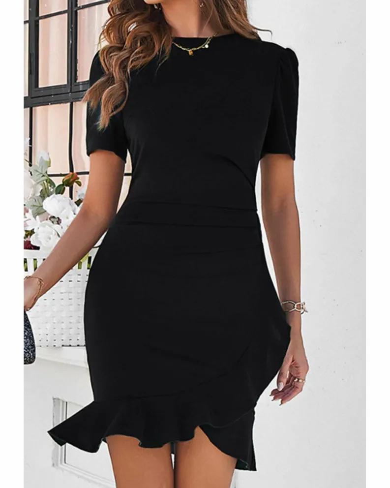 Wrap Dresses*Azura Exchange Plain Wrapped Ruffled Hem Slim Fit Mini Dress Black