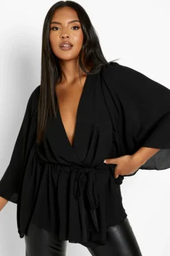 Long Sleeve Tops*boohoo Plus Angel Sleeve Wrap Peplum Blouse black