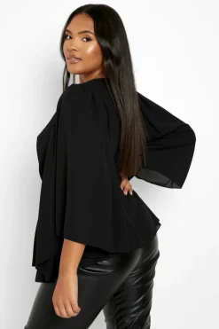 Long Sleeve Tops*boohoo Plus Angel Sleeve Wrap Peplum Blouse black
