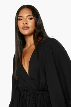 Long Sleeve Tops*boohoo Plus Angel Sleeve Wrap Peplum Blouse black