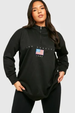 Sweatshirts|Hoodies & Sweatshirts*boohoo Plus Los Angeles Slogan Embroidered Zip Neck Oversized Sweatshirt black