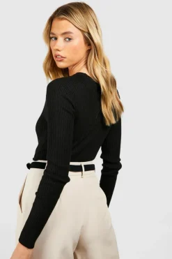 Knitted Tops*boohoo Rib Knit Crew Neck Racer Bodysuit black