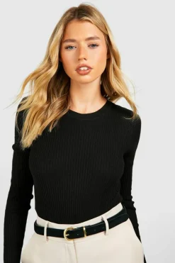 Knitted Tops*boohoo Rib Knit Crew Neck Racer Bodysuit black