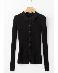 Cardigans*Azura Exchange Ribbed Knit Collared Slim Fit Sweater Cardigan Black