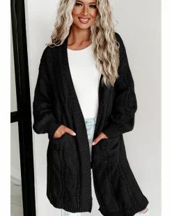 Cardigans*Azura Exchange Ribbed Trim Eyelet Cable Knit Cardigan Black