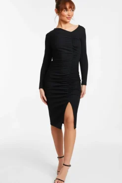 Midi Dresses*Quiz Ruched Asymetric Midi Dress Black