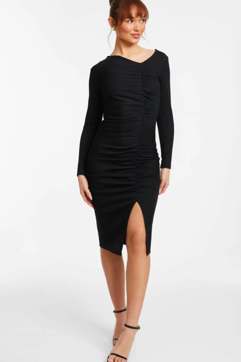 Midi Dresses*Quiz Ruched Asymetric Midi Dress Black