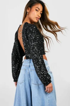 Long Sleeve Tops*boohoo Sequin Chain Back Detail Long Sleeve Top black