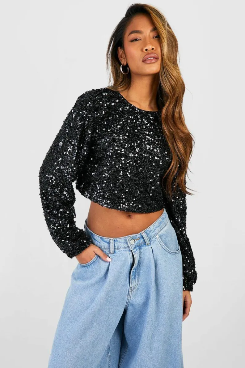 Long Sleeve Tops*boohoo Sequin Chain Back Detail Long Sleeve Top black