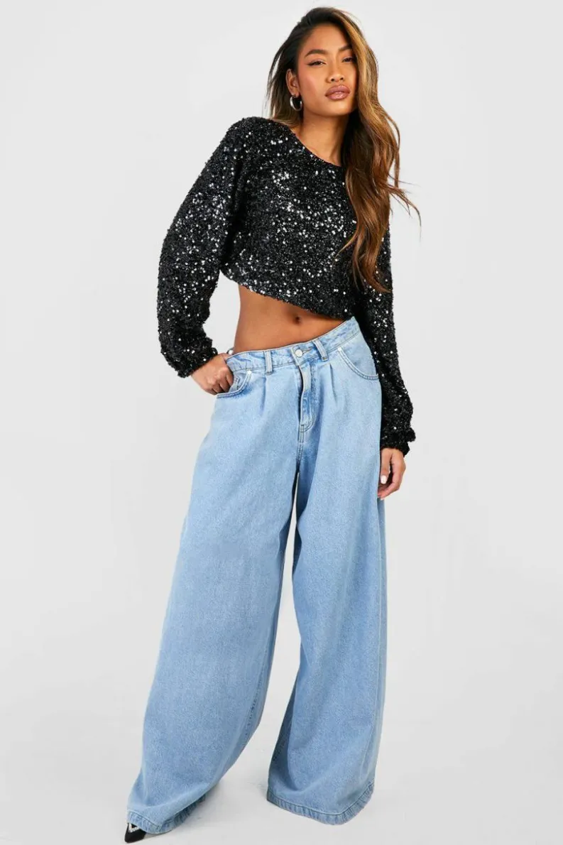 Long Sleeve Tops*boohoo Sequin Chain Back Detail Long Sleeve Top black