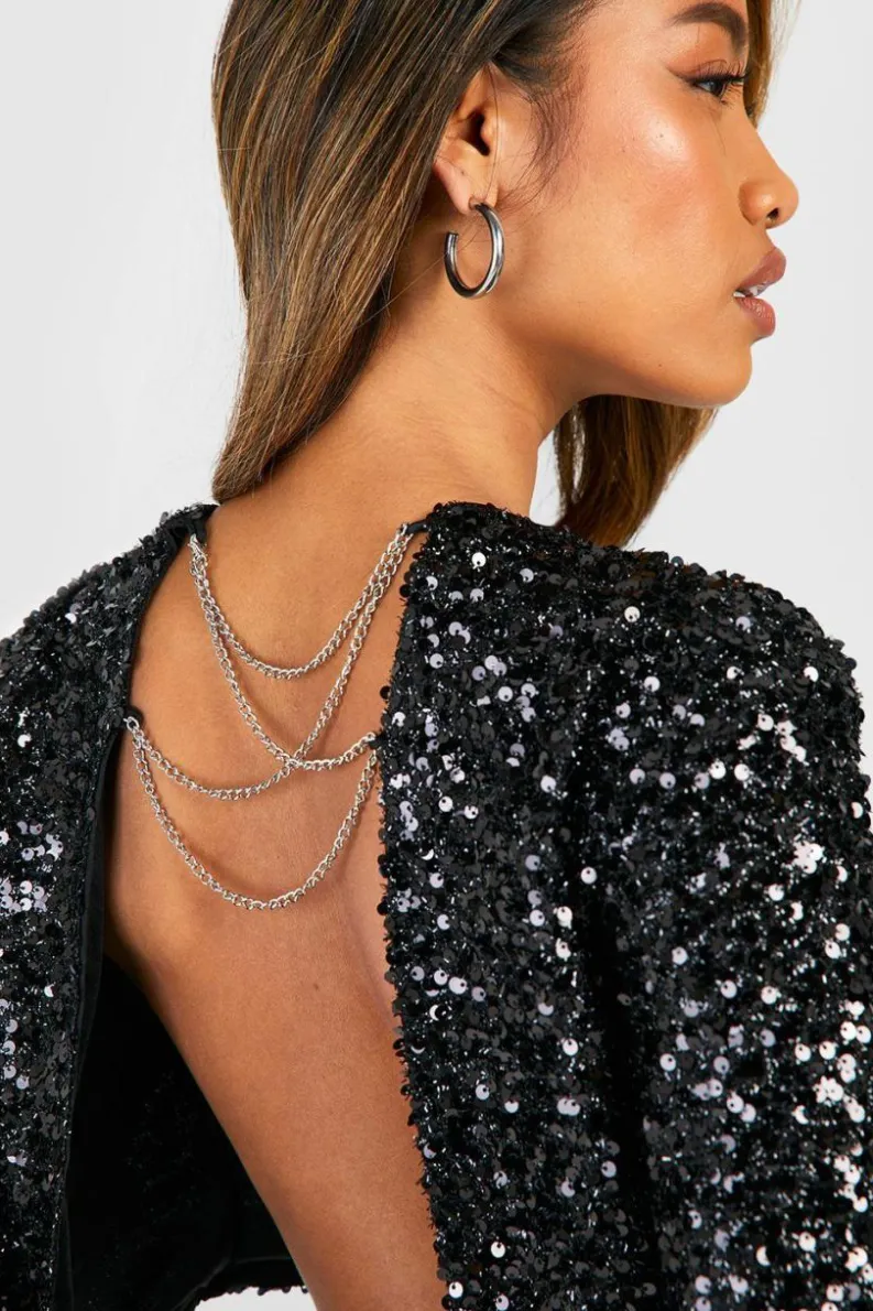 Long Sleeve Tops*boohoo Sequin Chain Back Detail Long Sleeve Top black