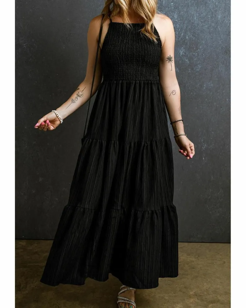 Smock Dresses*Azura Exchange Spaghetti Straps Smocked Pleated Tiered Maxi Dress Black
